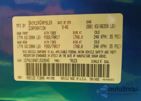 2007 Dodge Ram 1500 Slt/Trx4 Off Road/Sport из США, поврежденный, VIN 1D7HU16N67J533545